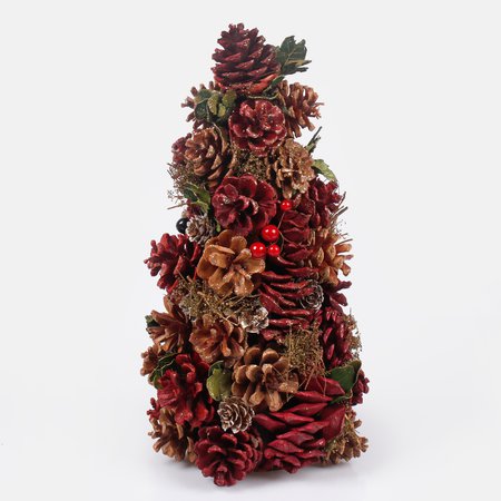 Tabletop red cone christmas tree 35 cm with natural cones decorations and golden glitter